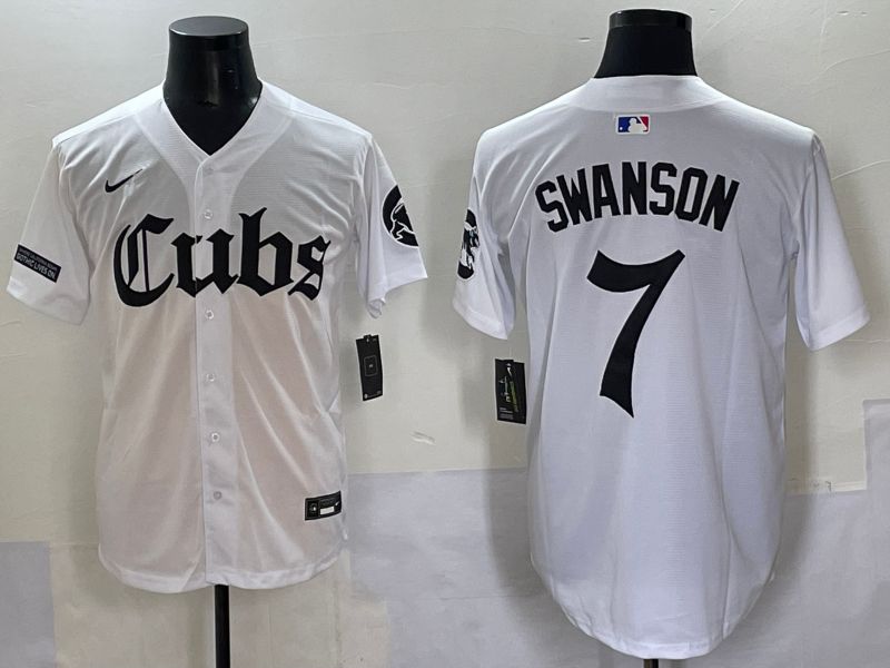 Men 2025 Chicago Cubs #7 Swanson White Five generations Joint Name Nike MLB Jersey style 11